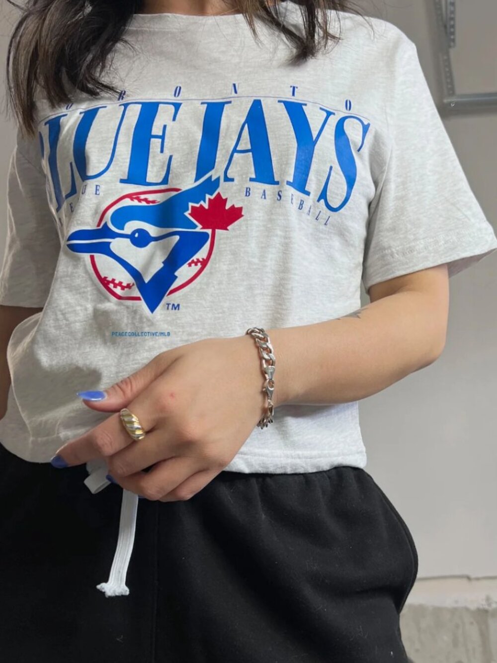 Toronto Blue Jays MLB Peace Collective Cropped Logo Graphic T-Shirt in Ash Sz. S
